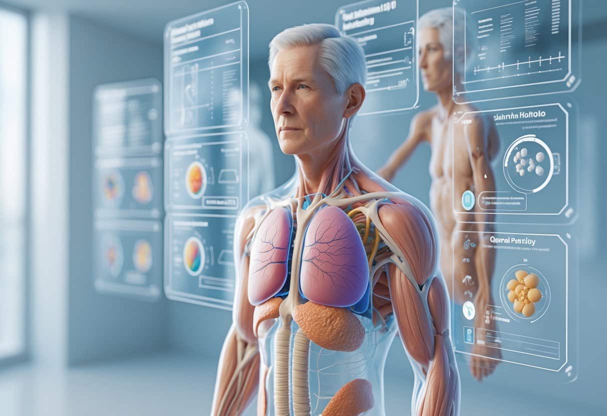 A 3D image of a middle-aged human figure showing internal glands and body changes with floating data panels representing factors in hormone therapy after age 50.