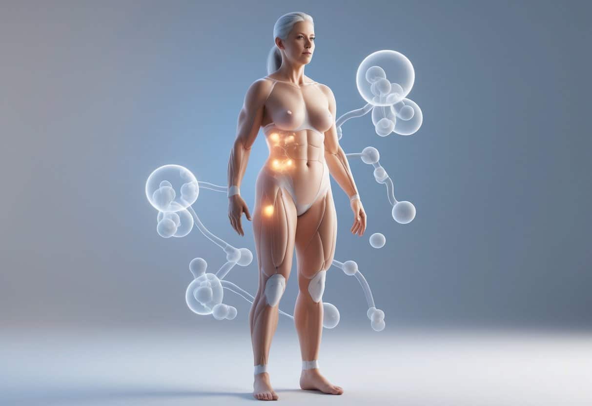 3D rendering of a middle-aged human body showing internal changes related to hormone therapy after age 50 with glowing hormone molecules around it.