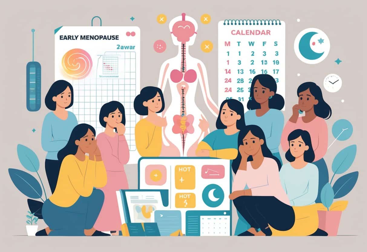 A group of women in a calm room with a large model of the female reproductive system, a calendar, and symbols representing symptoms like hot flashes, mood swings, fatigue, and sleep problems.