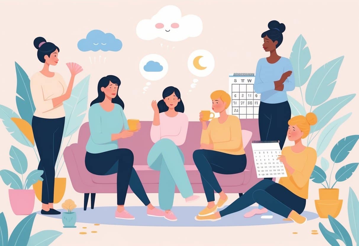 A group of diverse women in a cozy living room showing signs of early menopause symptoms like sweating, fatigue, mood changes, and sleep difficulties.