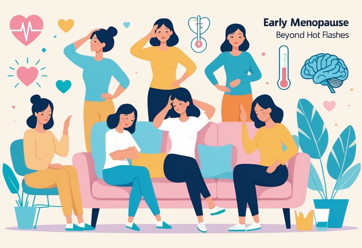 A group of women in a home setting showing various physical symptoms like headaches, joint pain, fatigue, and skin changes associated with early menopause.