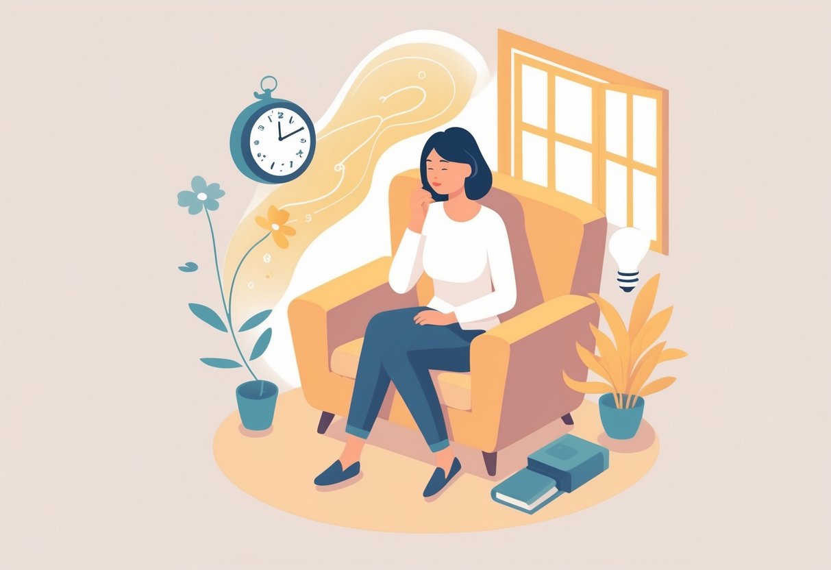 A middle-aged woman sitting thoughtfully in a cozy room surrounded by symbolic elements representing early menopause symptoms.