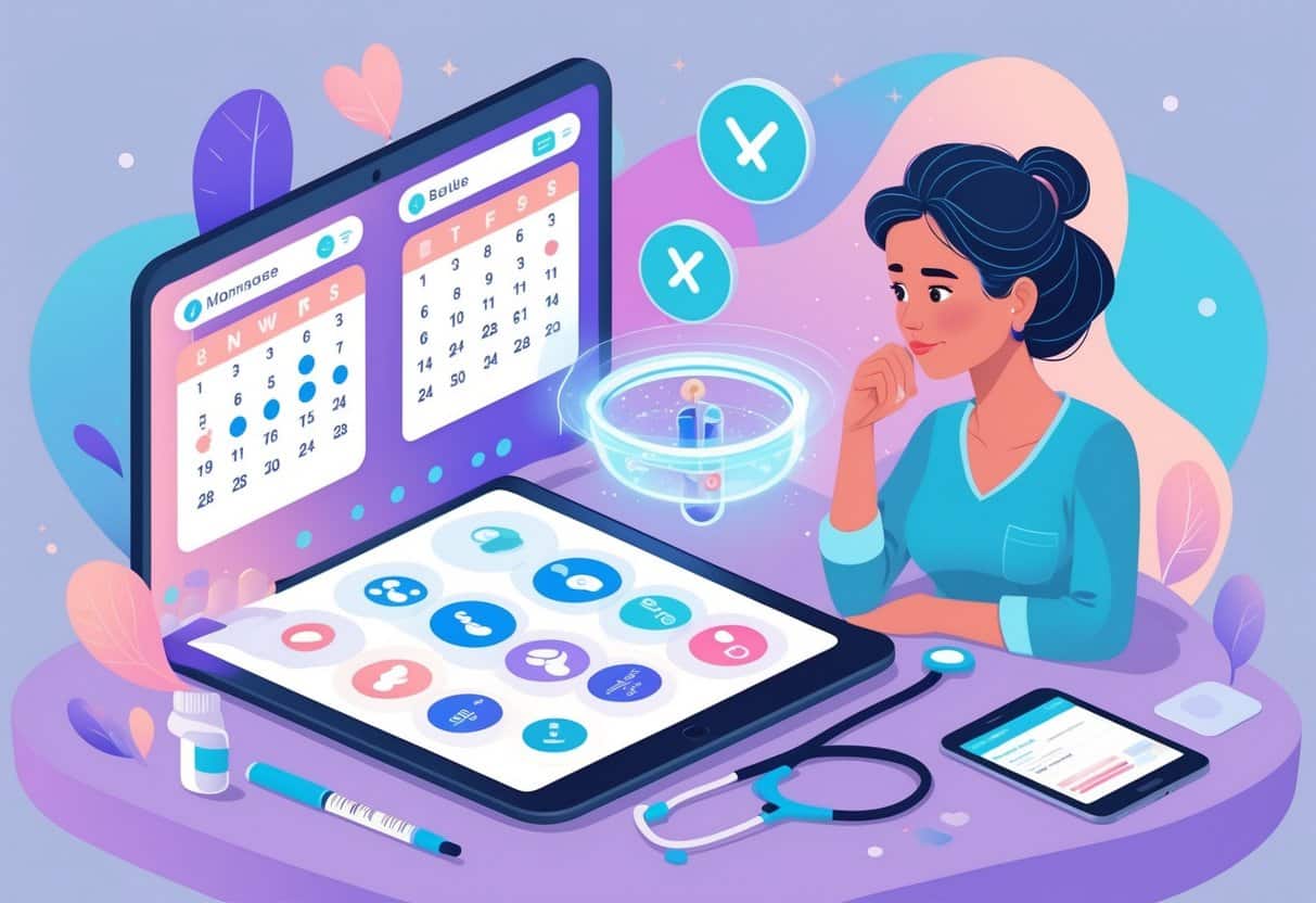 A middle-aged woman examining floating medical icons representing early menopause symptoms and hormonal changes, surrounded by health-related objects.