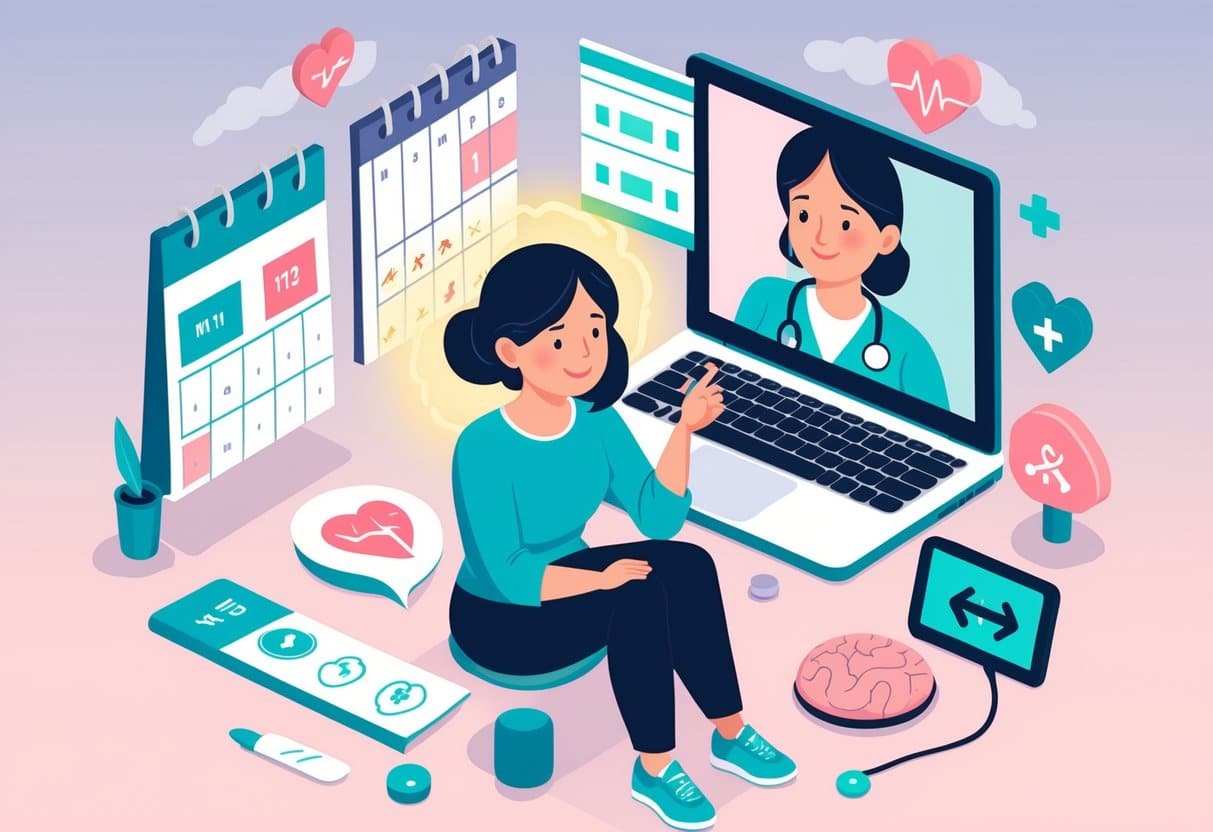 A woman at home showing signs of early menopause symptoms with a calendar and health icons around her, while a healthcare professional offers support through a video call.