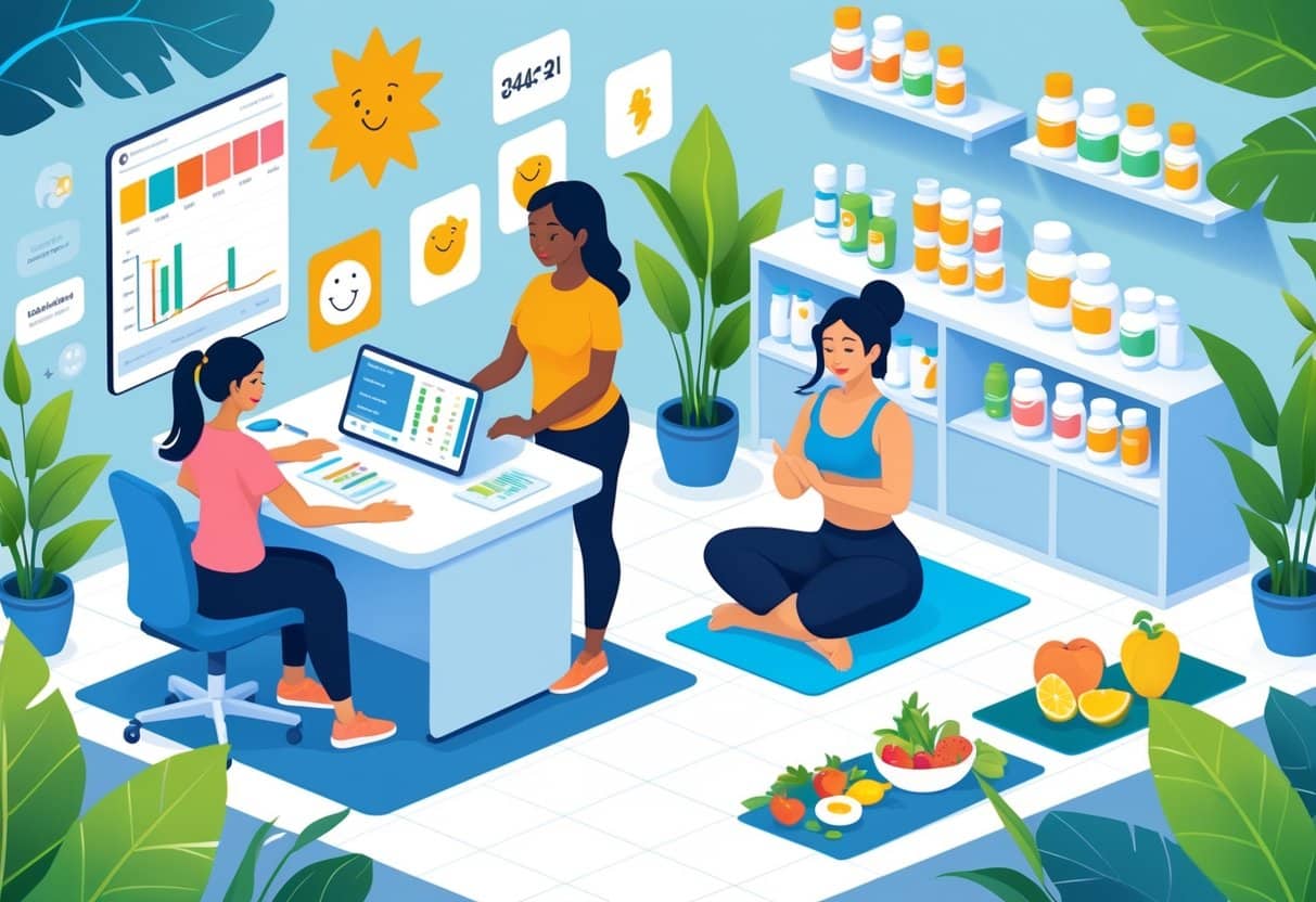 A scene showing women consulting a doctor, doing yoga, and preparing healthy food, representing ways to manage early menopause symptoms.