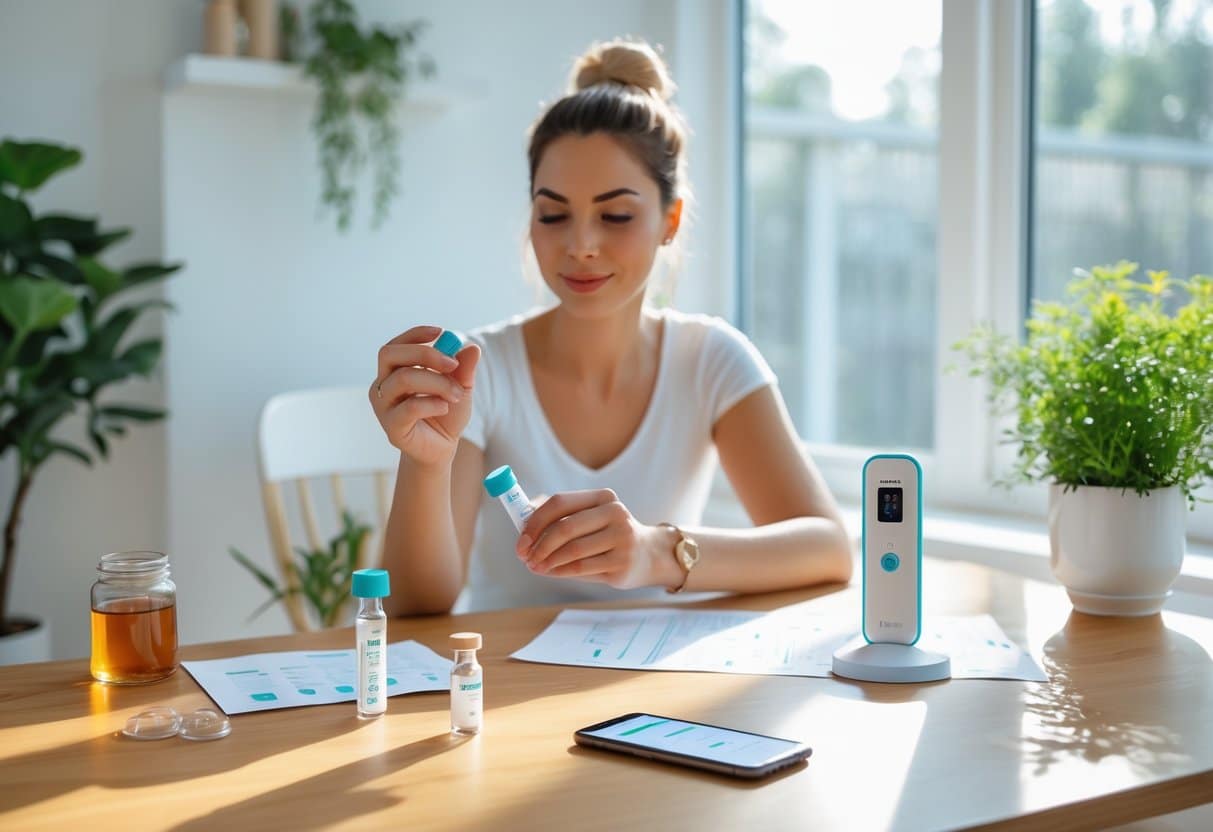 A woman at home preparing to use a hormone testing kit on a wooden table with natural light.