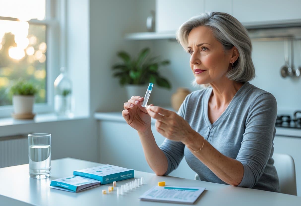 A middle-aged woman sitting at a kitchen table preparing to use a hormone testing kit in a bright home setting.