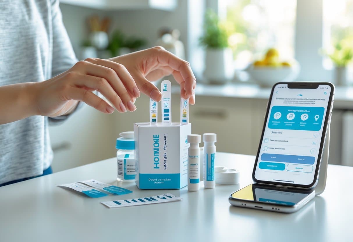 Hands holding a hormone testing kit at home with test components on a table and a smartphone showing test results in a bright, tidy room.