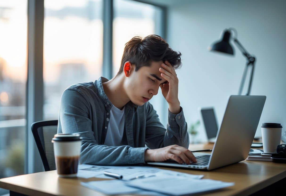 A tired young adult rubbing their eyes while sitting at a desk with a laptop and coffee cup in a bright office.
