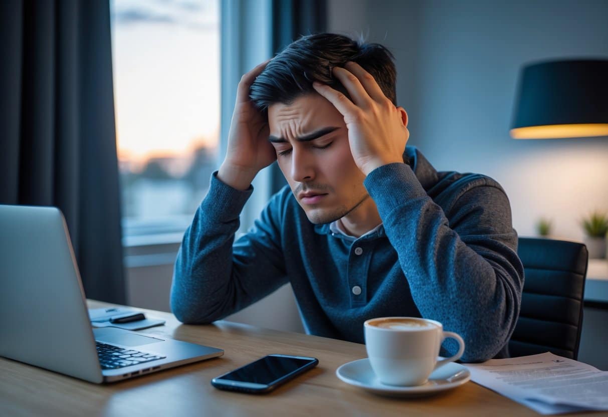 A tired young man rubbing his temples at a desk with a laptop and coffee, showing signs of fatigue in a dimly lit room.