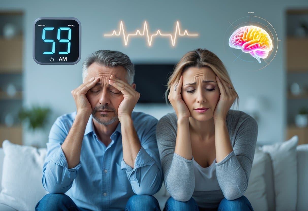 A tired man and woman sitting in a bright home, showing signs of fatigue with dark circles under their eyes and rubbing their eyes.