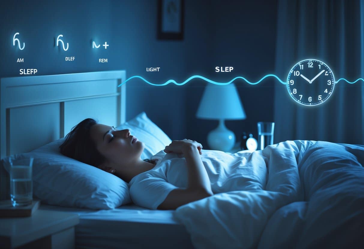 A person lying awake in bed at night with graphical overlays showing different sleep stages and a clock indicating early morning hours.
