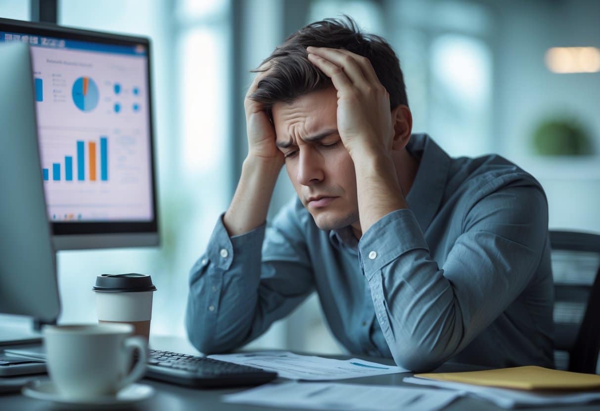 A tired young adult sitting at a desk, resting their head on their hand with dark circles under their eyes, surrounded by a computer and office materials.