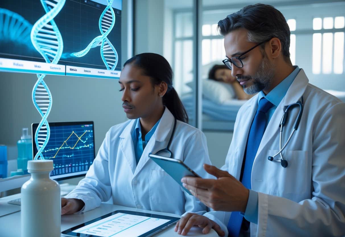 Scientists studying genetic data and sleep effects in a medical research lab with a person sleeping in a bedroom visible in the background.