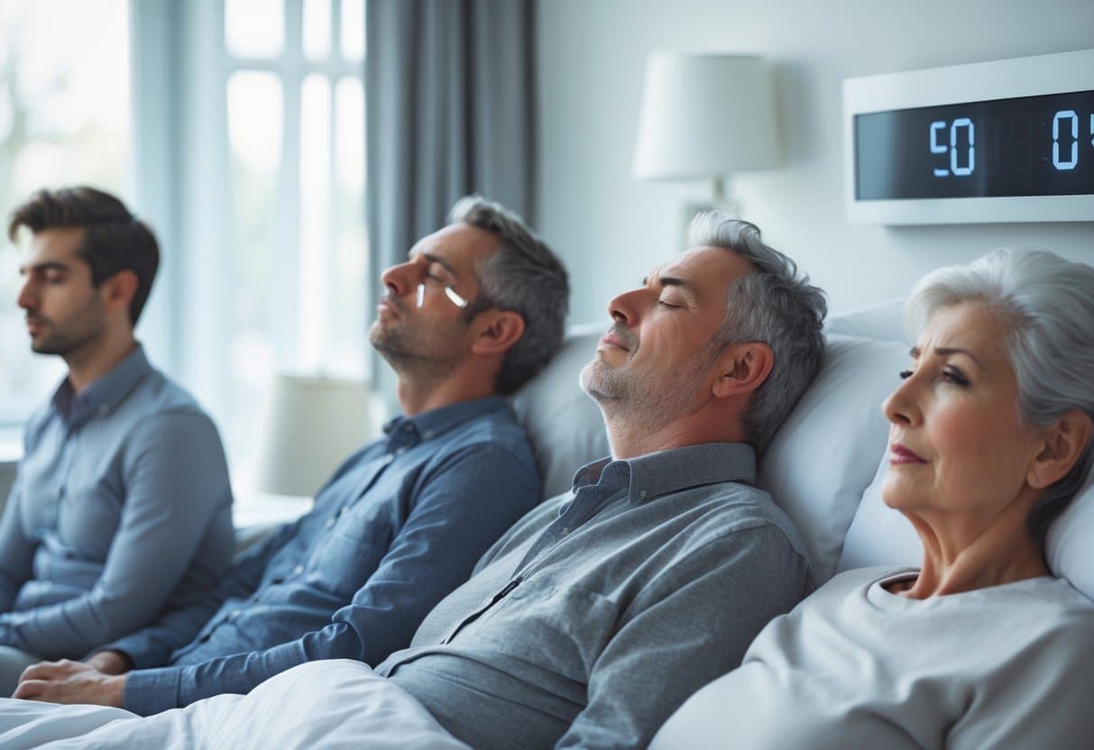 Three people of different ages in a bedroom showing signs of tiredness after limited sleep.