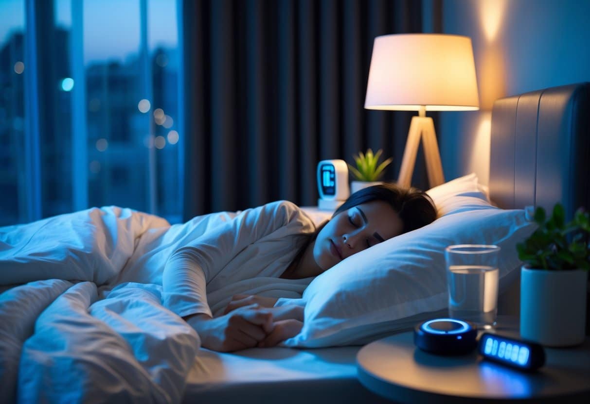 Person sleeping peacefully in a cozy bedroom at night with a bedside table holding a glass of water, a small plant, and a sleep tracker.