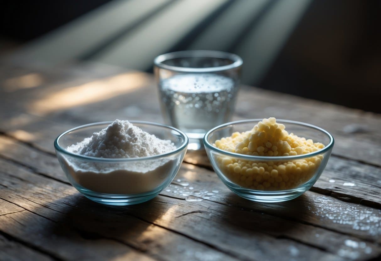 Two small glass bowls on a wooden table, one with white magnesium glycinate powder and the other with pale yellow magnesium citrate granules, next to a glass of water.