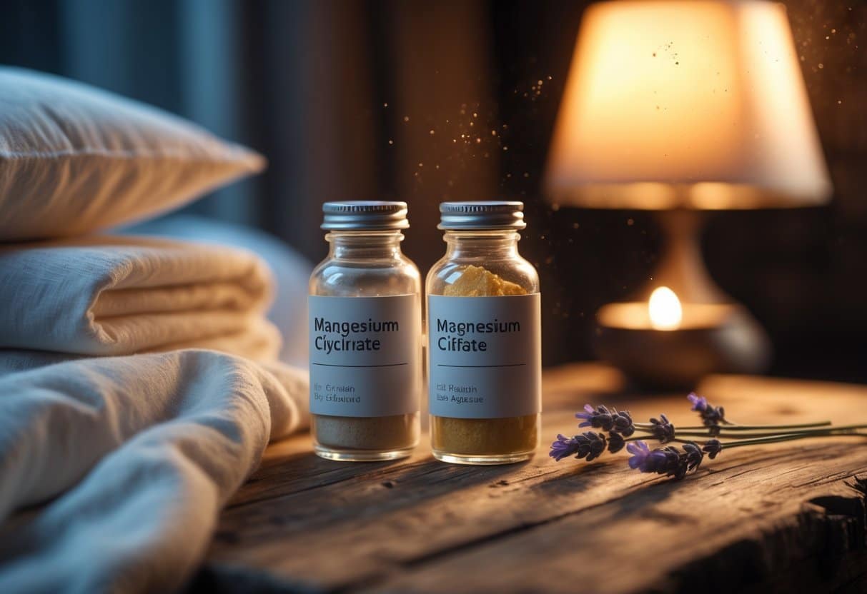 Close-up of two small glass bottles of magnesium supplements on a wooden bedside table with soft linens, a glowing lamp, an open book, and a sprig of lavender nearby.