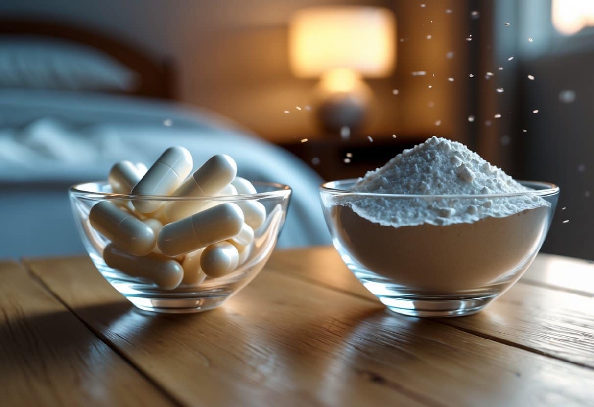 Close-up of two glass bowls on a wooden bedside table, one with white magnesium glycinate capsules and the other with crystalline magnesium citrate powder, with a softly lit bedroom background.