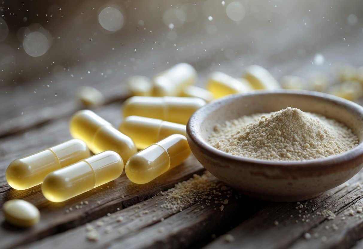 Close-up image of magnesium glycinate capsules and magnesium citrate powder displayed on a wooden surface with a ceramic bowl.