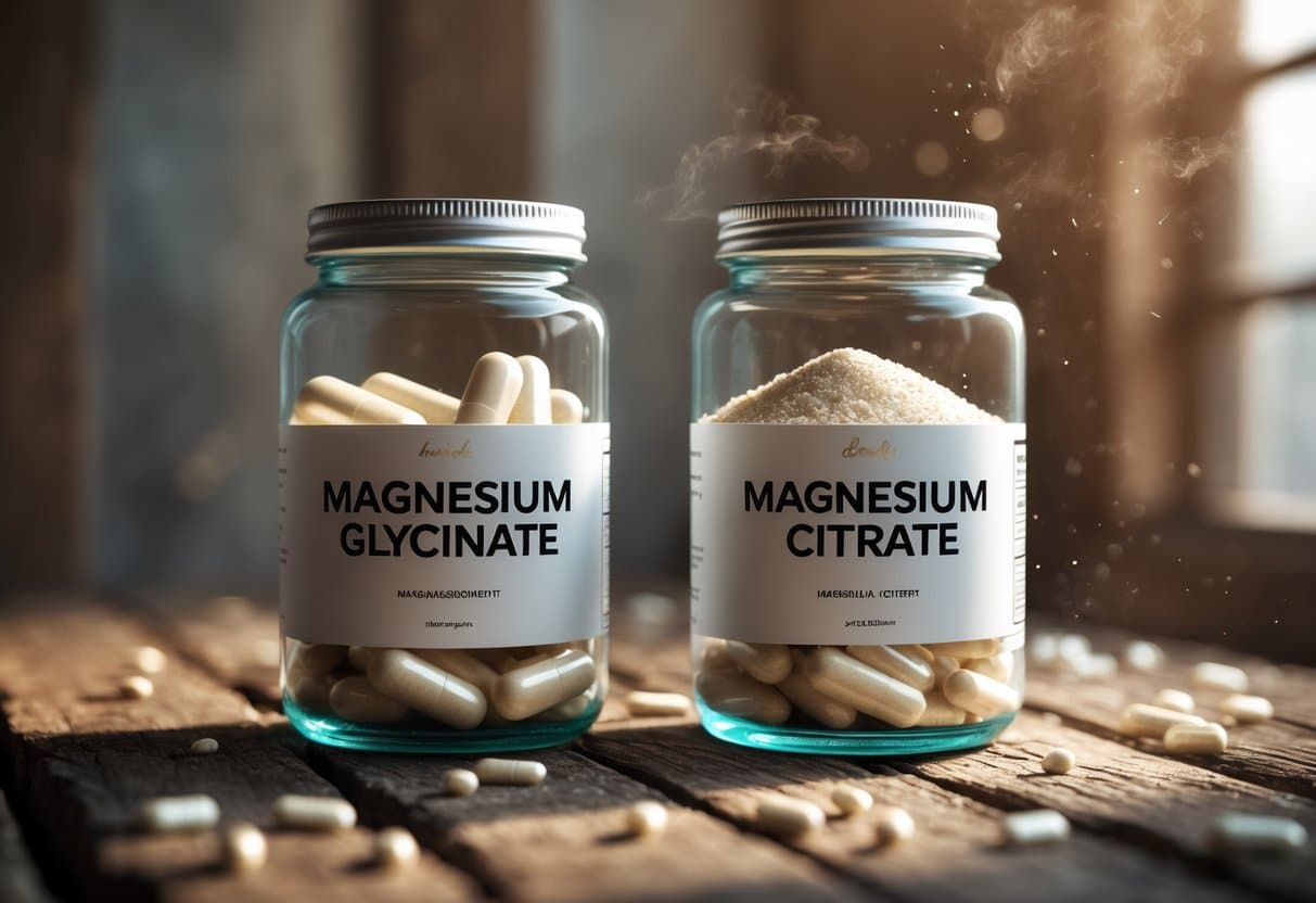 Close-up of two glass jars on a wooden table, one with smooth capsules and the other with crystalline powder, representing different types of magnesium supplements.