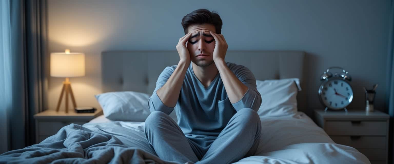 A tired young man sitting on the edge of a bed in a bedroom, rubbing his eyes with a clock showing early morning in the background.