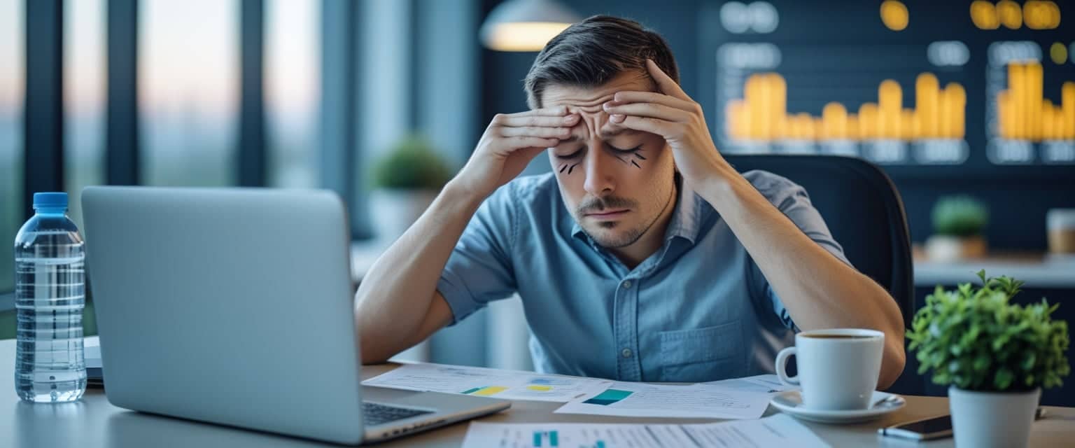 A tired adult sitting at a desk in an office rubbing their eyes with a weary expression, surrounded by work materials and a clock showing late evening hours.