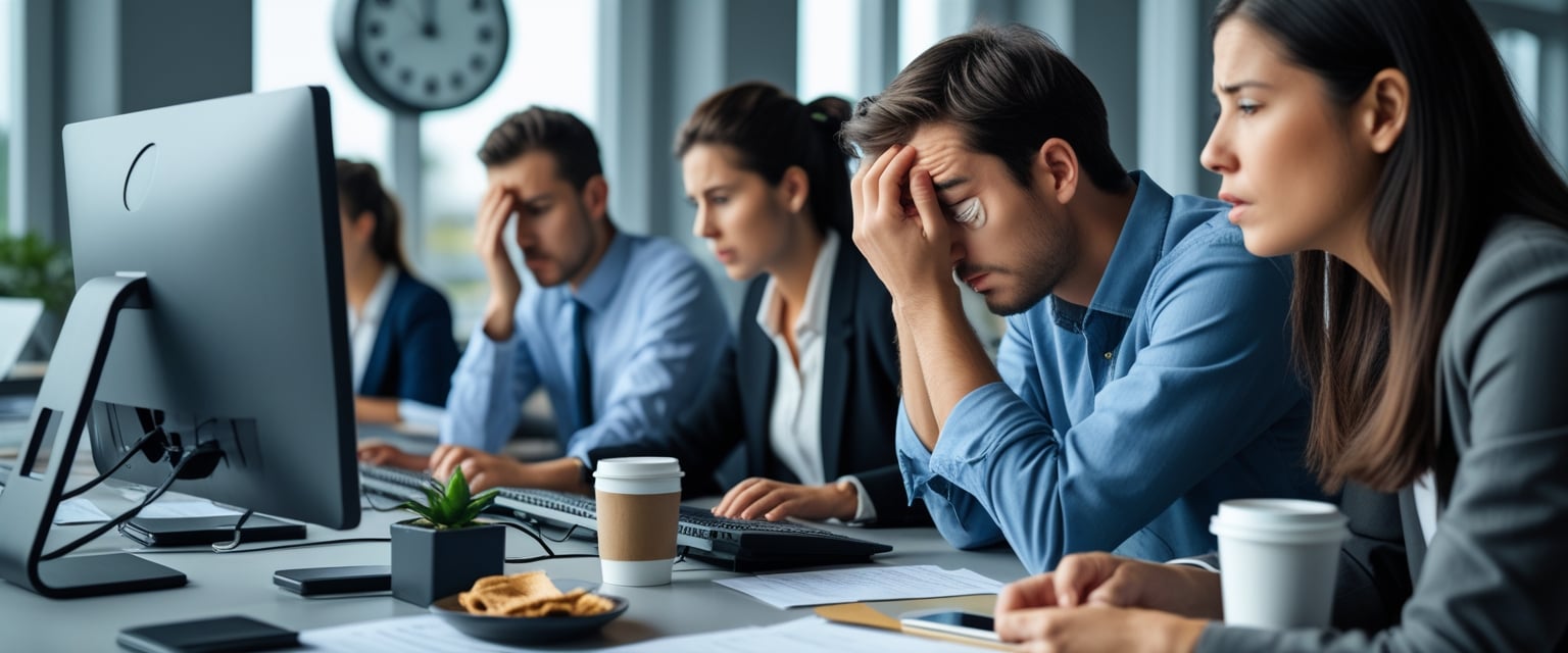 Office workers in a modern workspace, one person looks tired and distracted while a colleague watches with concern.