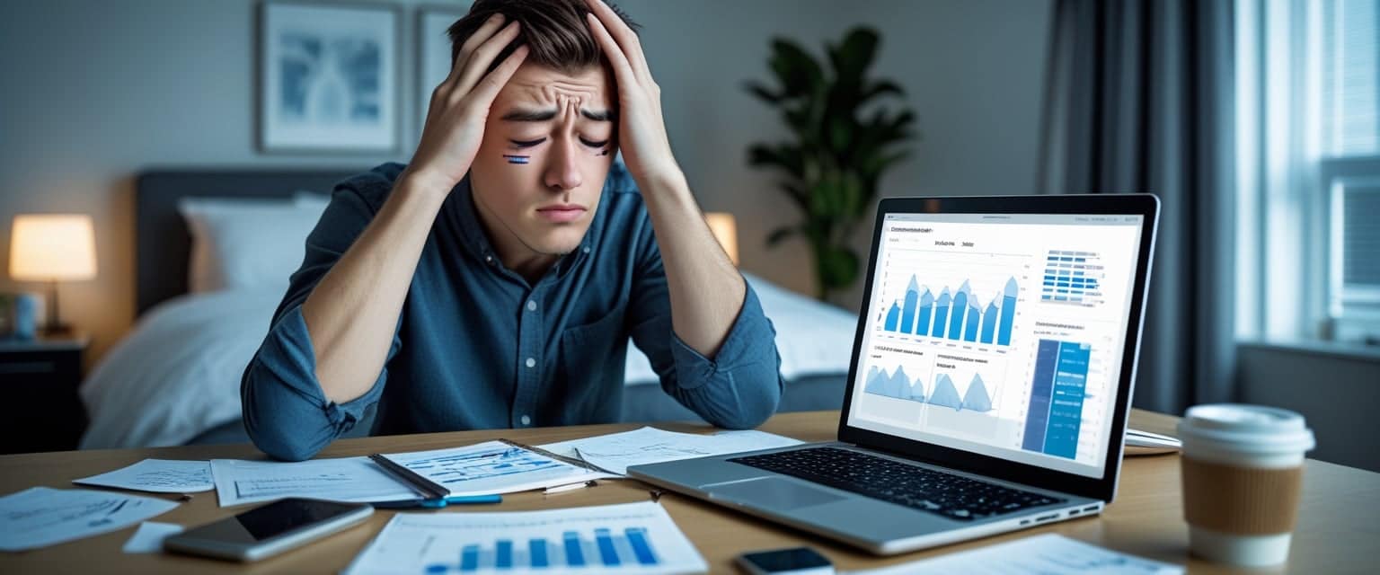 A tired young adult sitting at a desk with a laptop, rubbing their temples, surrounded by notes and a coffee cup, in a home office with a bedroom in the background.