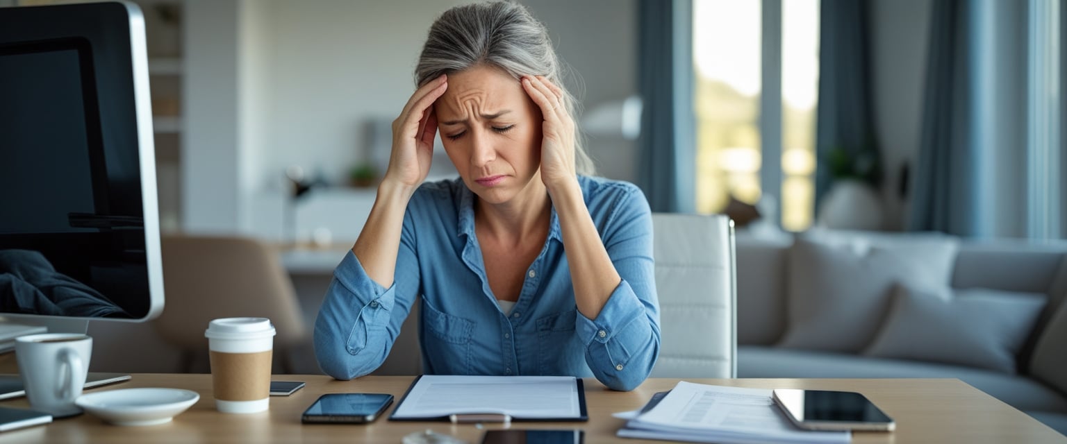A tired woman sitting at a desk in a home office, rubbing her eyes with a bedroom visible in the background.