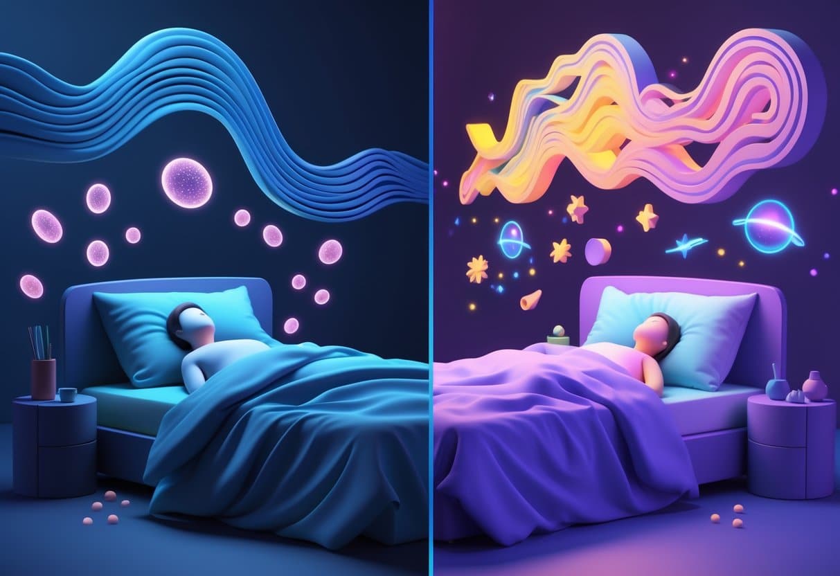 A split scene showing a person sleeping with calm brainwaves and body restoration on one side, and vivid brain activity with dream-like shapes on the other side representing deep sleep versus REM sleep.