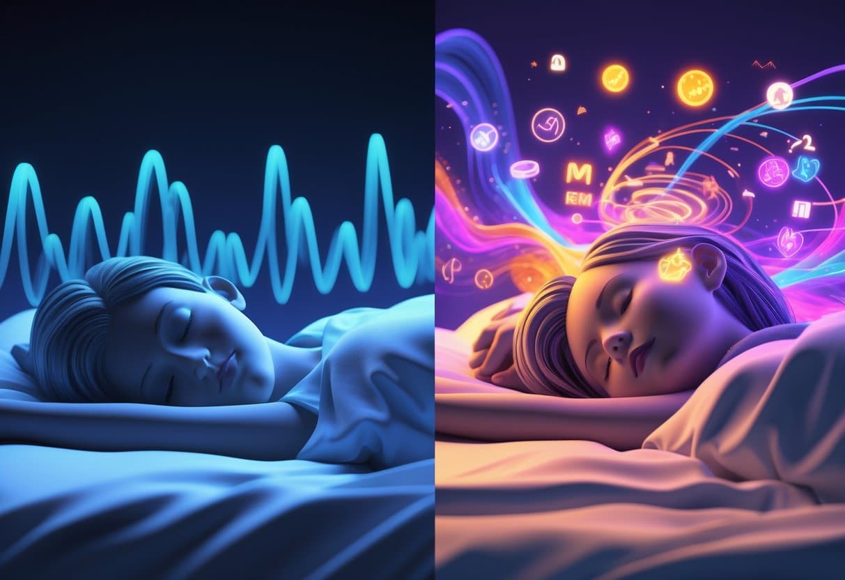 3D illustration showing a sleeping person divided into two parts: one side depicts deep sleep with calm blue brainwave patterns, the other side shows REM sleep with colorful dream-like visuals and active brainwaves.