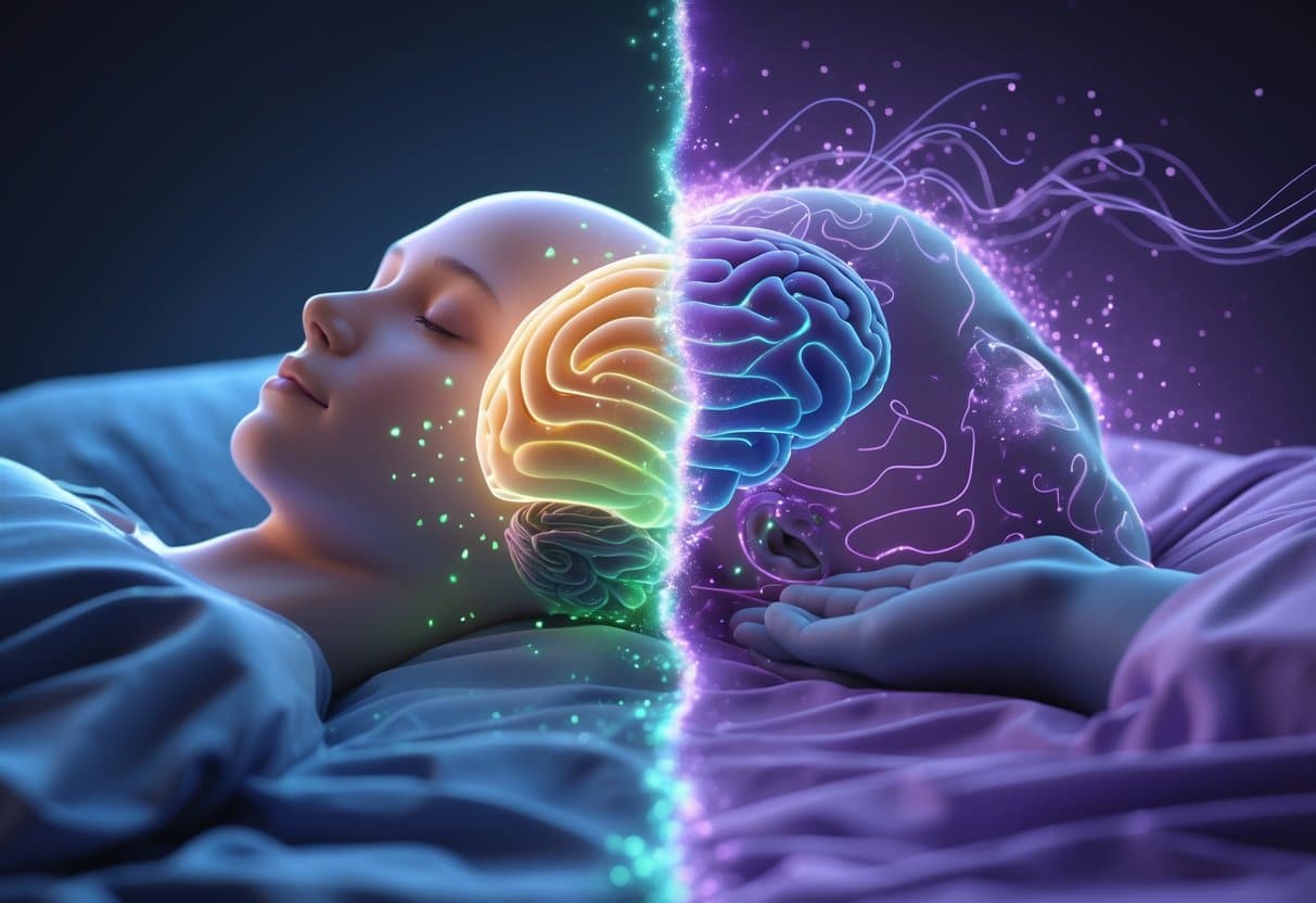 A split scene showing a person sleeping with the left side illustrating deep sleep with slow brain waves and body relaxation, and the right side showing REM sleep with rapid brain waves, eye movement, and colorful dream patterns.