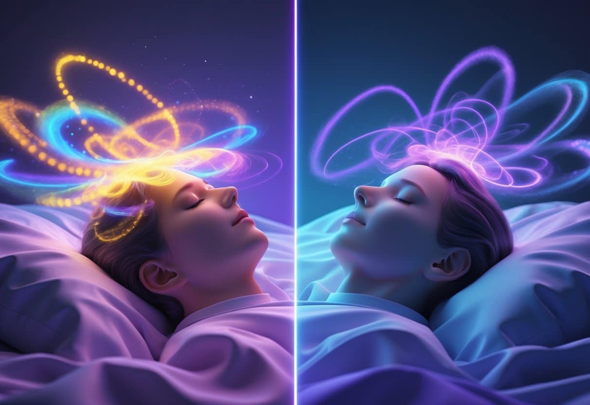 A person sleeping with one side showing colorful dream visuals and active brain waves for REM sleep, and the other side showing calm, dark colors representing deep restful sleep.