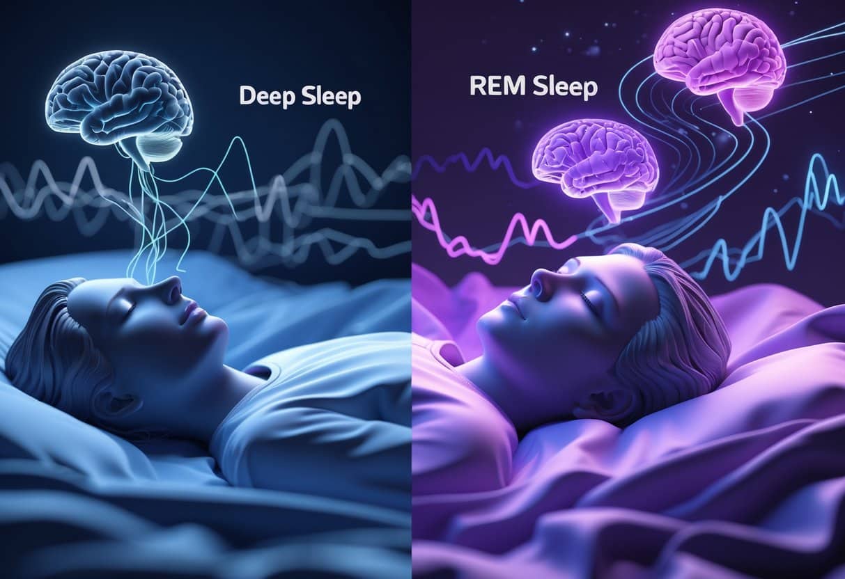3D rendering showing a sleeping person with two contrasting scenes: one calm and blue representing deep sleep with slow brain waves, and one colorful and vibrant representing REM sleep with rapid eye movement and dream imagery.
