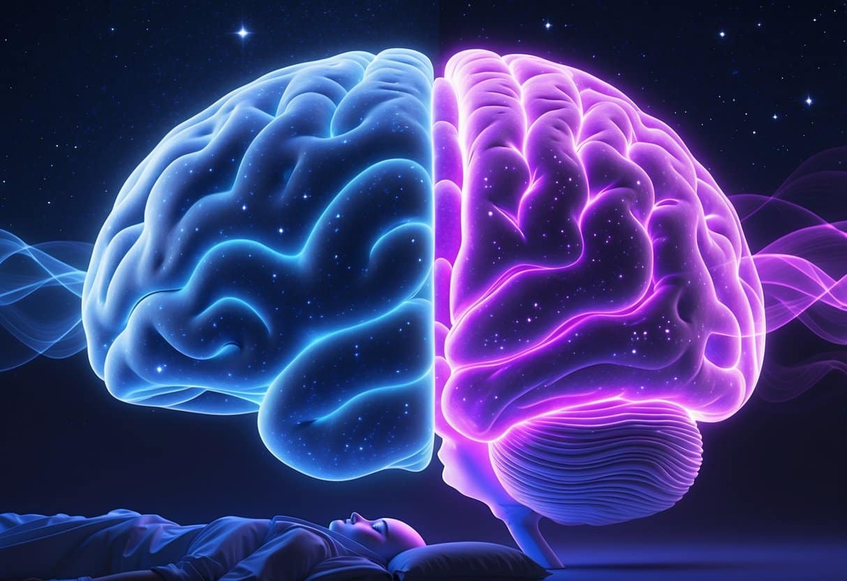 3D rendering of a human brain showing two glowing areas representing deep sleep and REM sleep with a sleeping figure in the background.