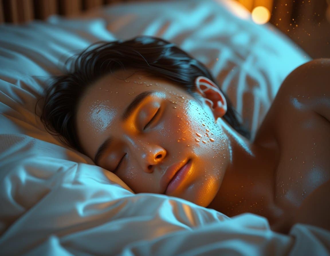 Close-up of a person sleeping on white sheets with visible sweat on their face and chest, showing signs of heat and warmth.