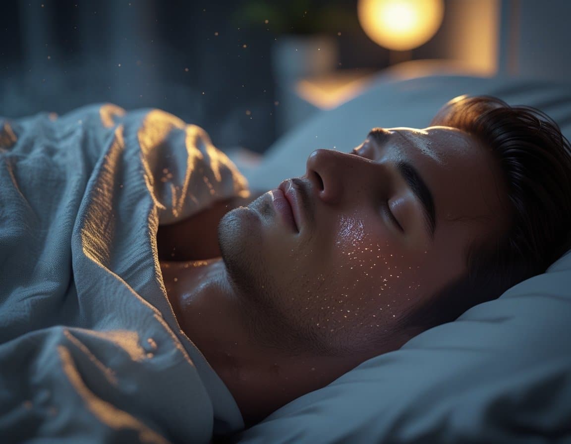 A person sleeping on their side under a light sheet in a dim bedroom, showing subtle sweat on their skin and a bedside fan gently blowing air.
