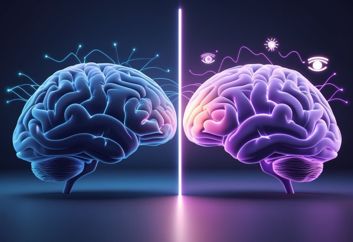 A 3D image showing two halves of a human brain side by side, one with smooth waves representing deep sleep and the other with rapid waves and bright activity representing REM sleep.