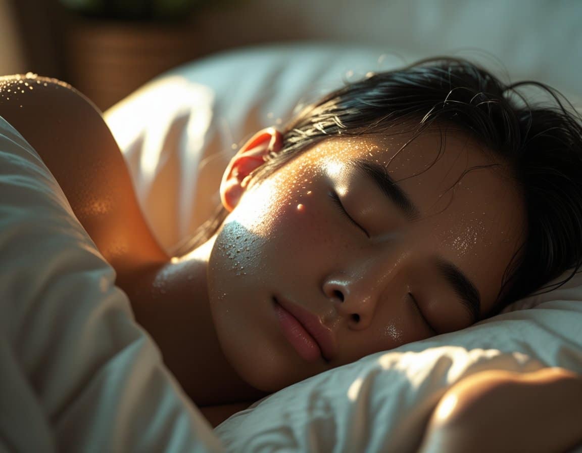 A close-up of a person sleeping with visible sweat on their forehead and damp hair, lying on slightly wrinkled bedding.