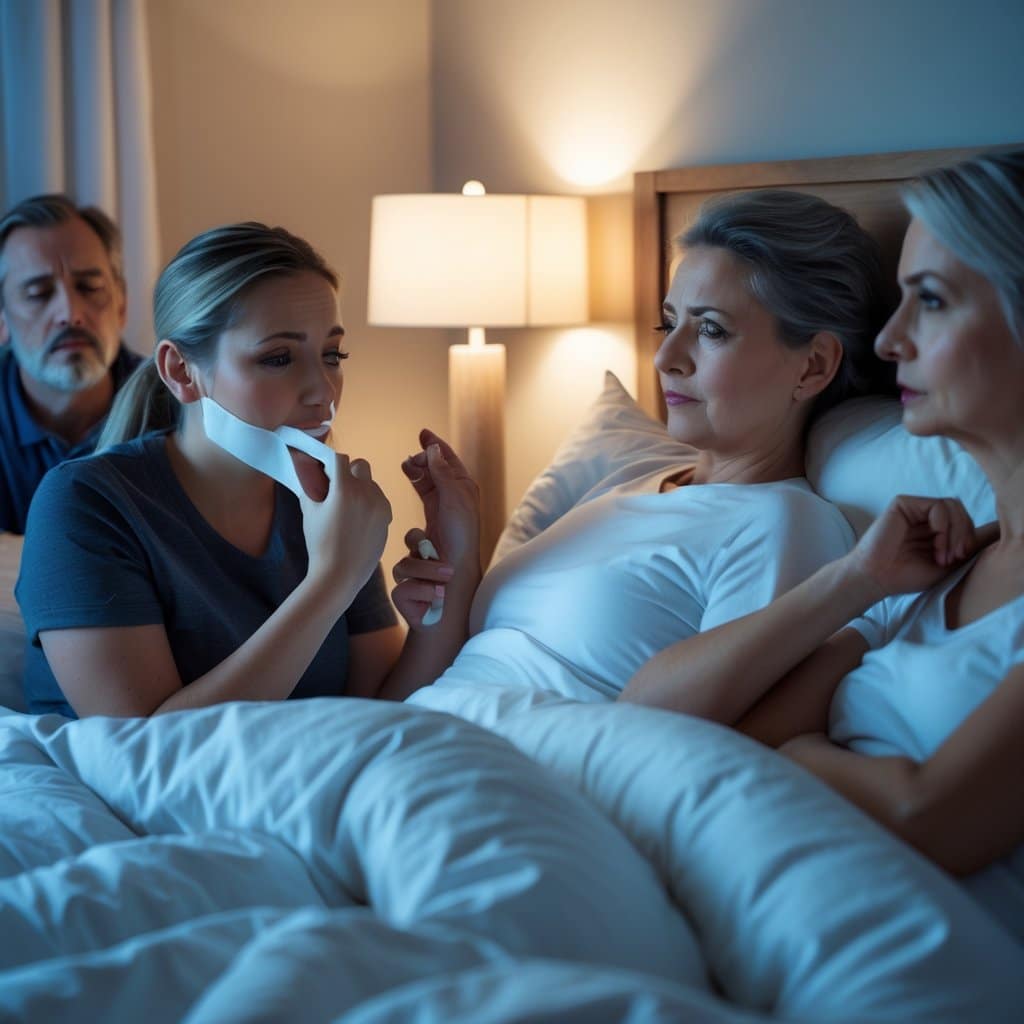 A nighttime bedroom scene with adults preparing for sleep, one person applying tape over their lips while another looks hesitant.