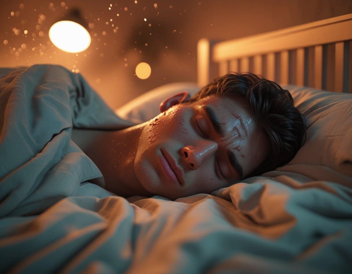 A person lying in bed sweating and looking uncomfortable while sleeping in a warm bedroom.