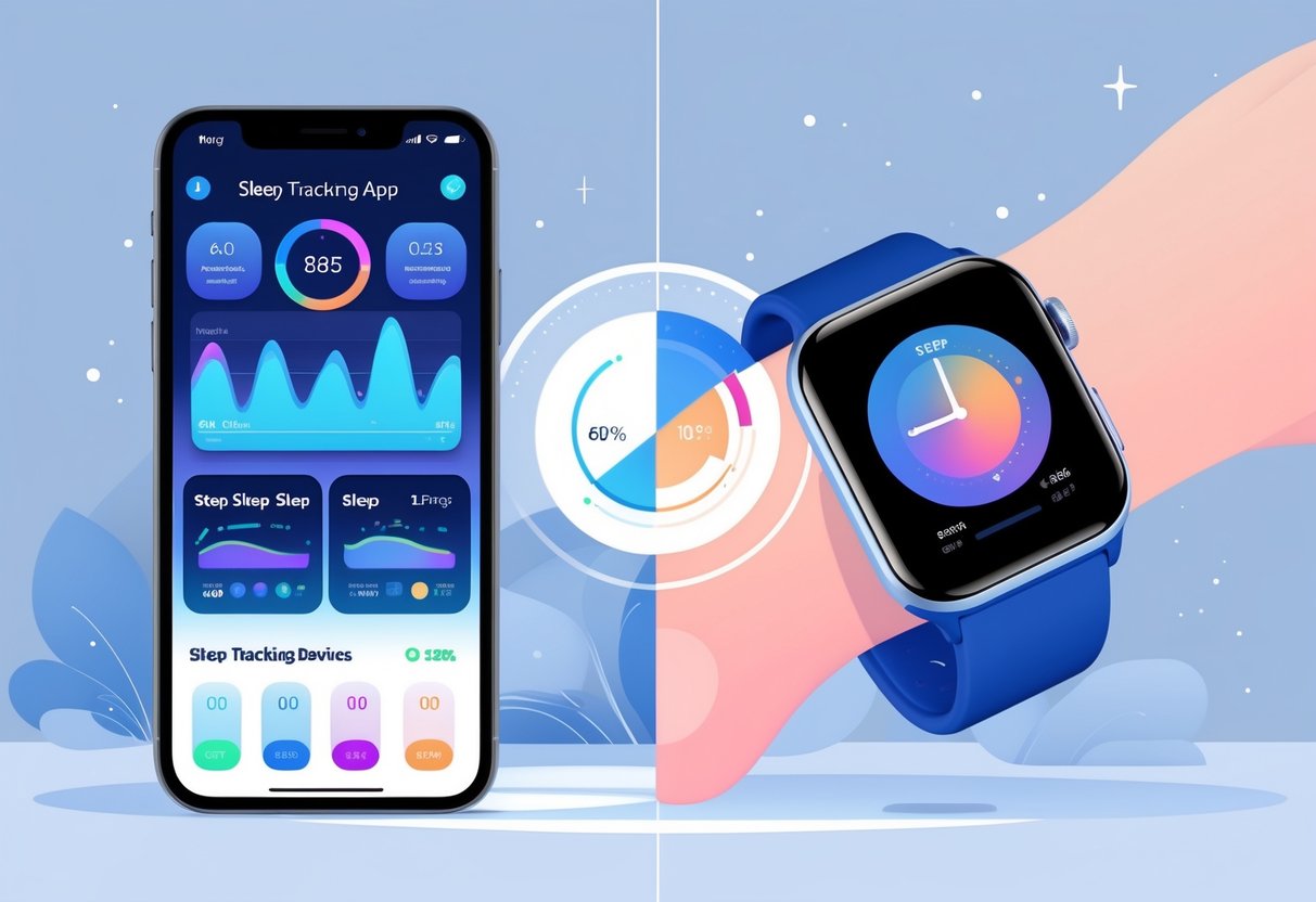 A comparison scene showing a smartphone with a sleep tracking app on the left and a wrist wearing a sleep tracking device on the right, connected by a balanced scale symbolizing accuracy.