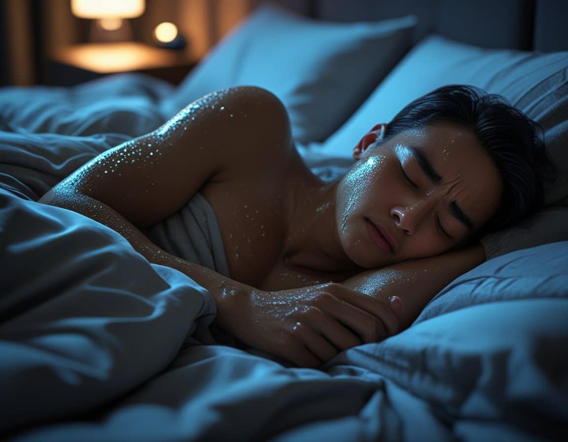 A person lying in bed at night, sweating and looking uncomfortable, with rumpled bedding and soft warm light in the room.