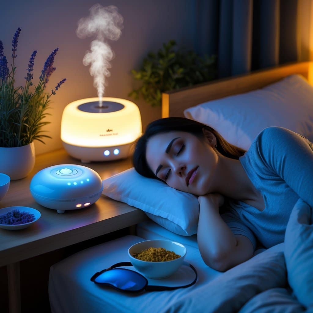 A woman peacefully sleeping in a cozy bedroom surrounded by natural sleep aids like lavender, a white noise machine, and a humidifier.