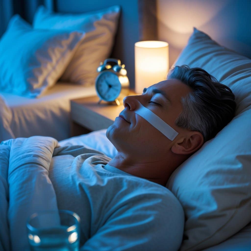 A person sleeping peacefully on their side with a small piece of tape over their lips in a calm bedroom setting.
