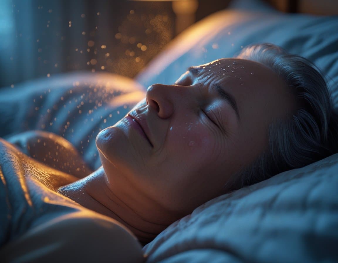 A person lying in bed, sweating and looking uncomfortable from heat during sleep.