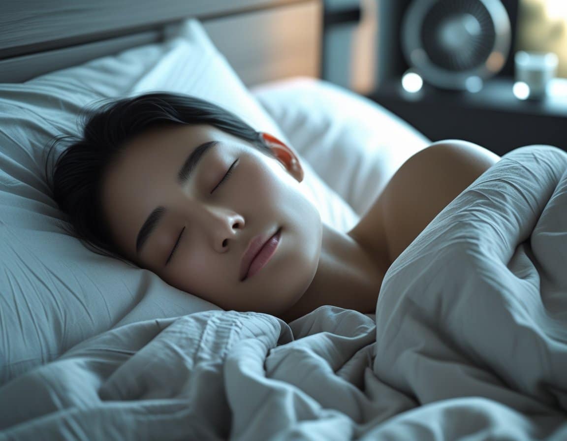 A person sleeping peacefully in a modern bedroom with light bedding and a small fan on a bedside table.