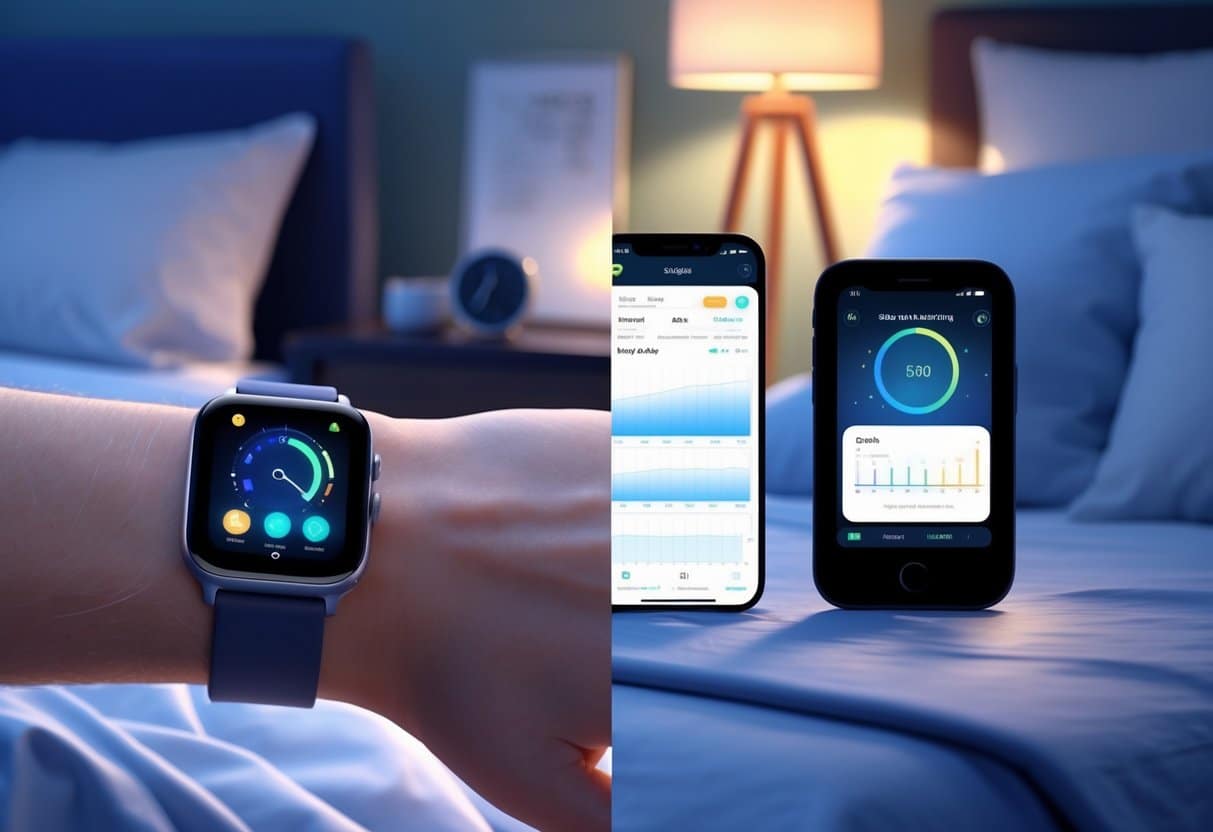 A person wearing a smartwatch on their wrist and a dedicated sleep tracking device on a bedside table in a bedroom, with a smartphone displaying sleep data between them.