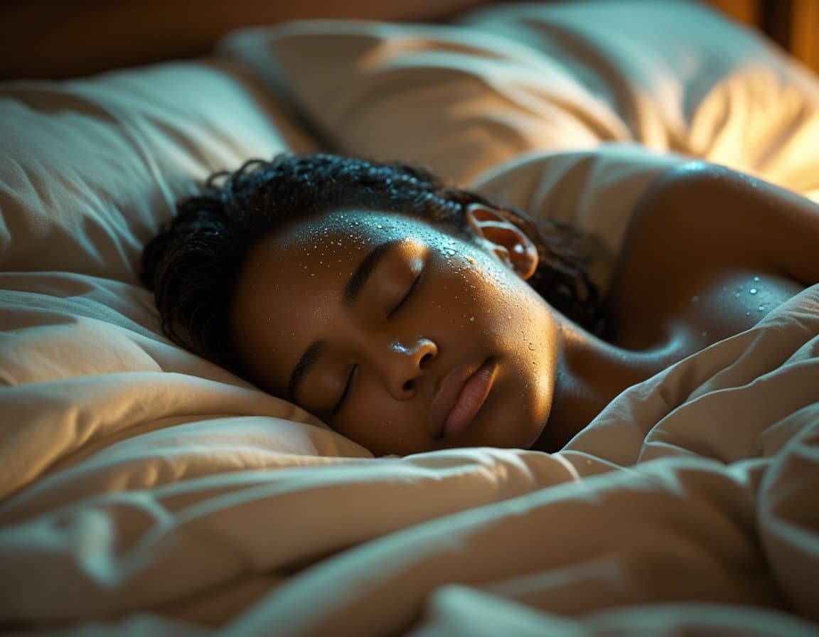 A close-up of a person sleeping with visible sweat on their skin, lying on rumpled bedding in a warm environment.